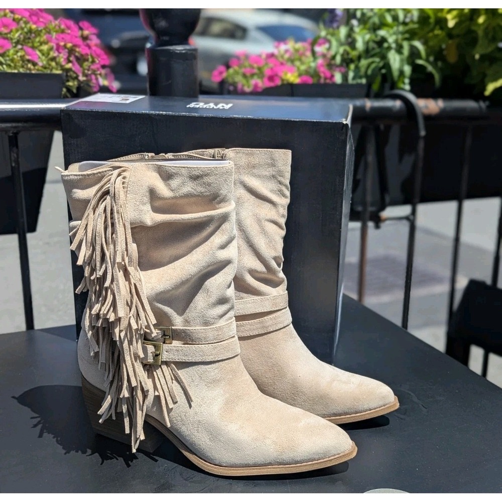 Boho Western Fringe Buckle Boots NIB Madden NYC Faux Suede Mid Calf Beige Size 6